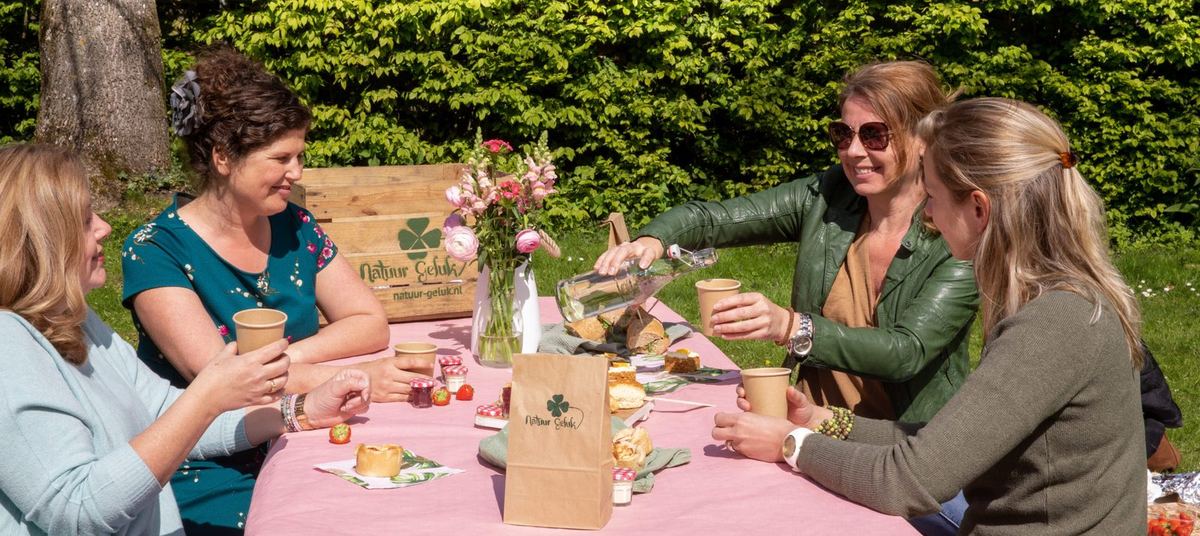 Groep aan een gedekte tafel in het gras tijdens een picknick in Utrecht